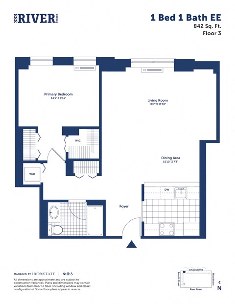 Floor plan for 1 bed, 1 bath, 842 sqft